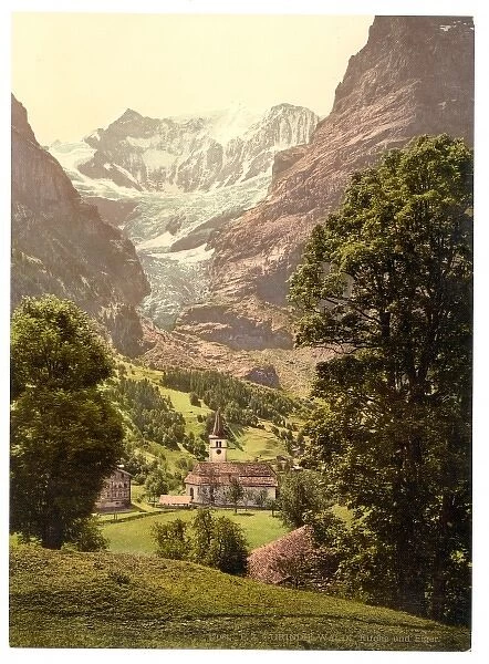 Grindelwald, church and Eiger Mountain, Bernese Oberland, Sw