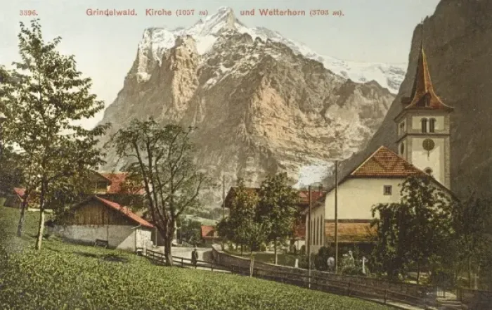 Framed Print : Grindelwald - Church and view of Wetterhorn Framed Print : Grindelwald - Church and view of Wetterhorn