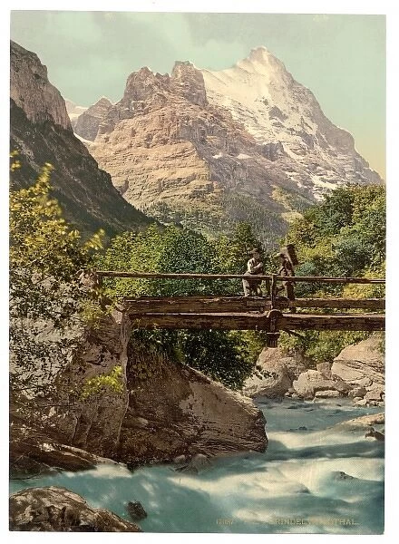 Grindelwald, footbridge and mountain peaks, Bernese Oberland