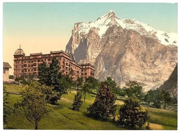 Grindelwald, view of Hotel Baren and Wetterhorn Mountain, Be