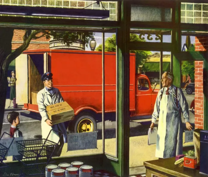Framed Print : Grocer Accepts Delivery Date: 1948 Framed Print : Grocer Accepts Delivery Date: 1948