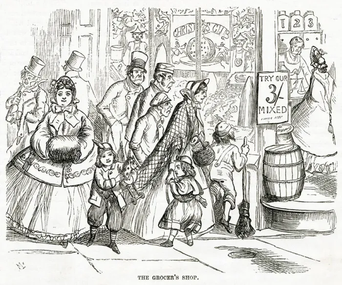 Framed Print : Grocers shop over Christmas period 1868 Framed Print : Grocers shop over Christmas period 1868