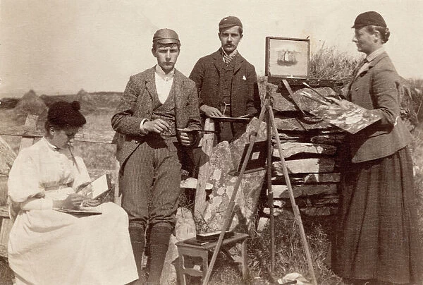 A group of art students, outdoors, with palettes and easels - two men and two women