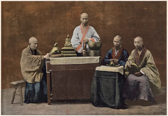 Framed Print : A group of BONZES - Buddhist priests, with shaved heads Date: 1890s Framed Print : A group of BONZES - Buddhist priests, with shaved heads Date: 1890s