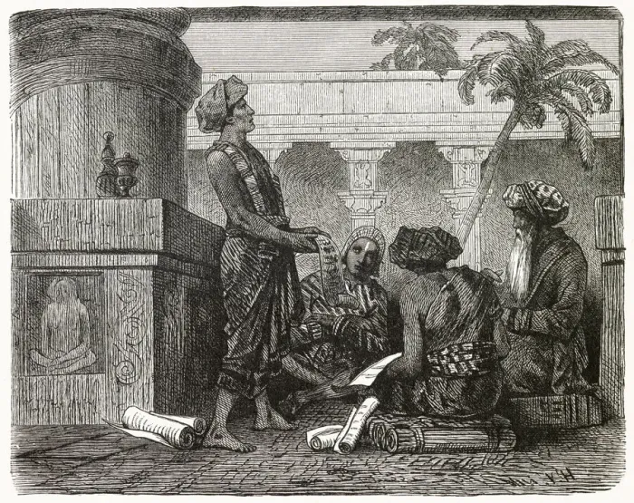 Framed Print : A group of Brahmans studying the scriptures. Date: 1890s Framed Print : A group of Brahmans studying the scriptures. Date: 1890s