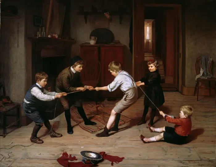 Framed Print : A group of children playing at tug of war in a domestic inte Framed Print : A group of children playing at tug of war in a domestic inte