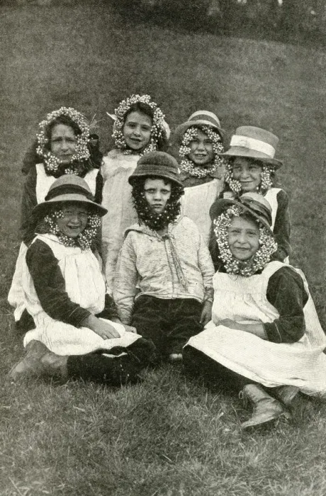 Framed Print : Group of children wearing wild flowers, Somerset, England Framed Print : Group of children wearing wild flowers, Somerset, England
