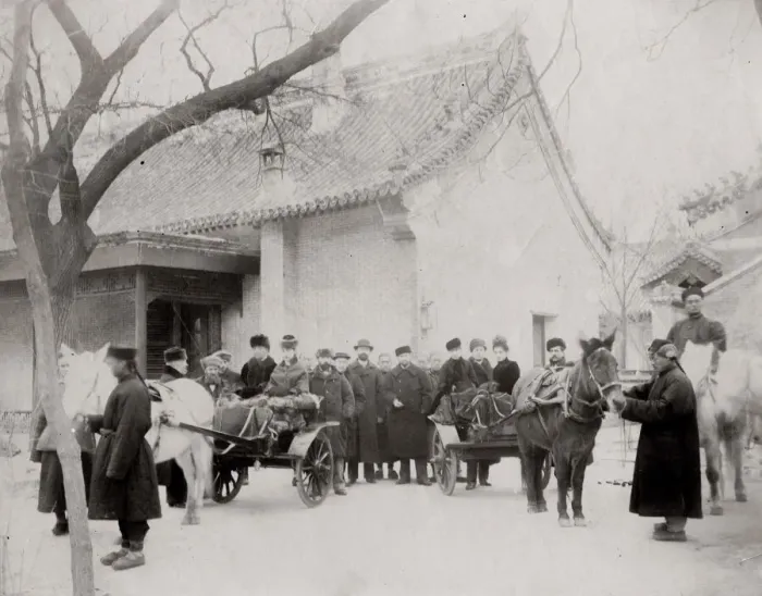 Framed Print : Group of Chinese and Euopeans, pony and cart, China Framed Print : Group of Chinese and Euopeans, pony and cart, China