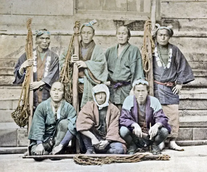 Framed Print : Group of farm workers, Japan circa 1880s. Date: circa 1880s Framed Print : Group of farm workers, Japan circa 1880s. Date: circa 1880s