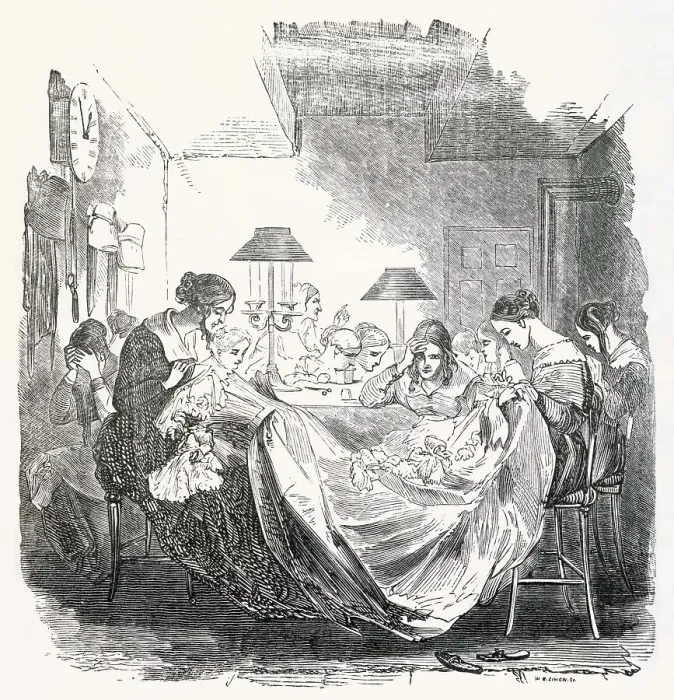 Framed Print : A group of female dressmakers working together on an elaborate evening gown. Date: 1853 Framed Print : A group of female dressmakers working together on an elaborate evening gown. Date: 1853