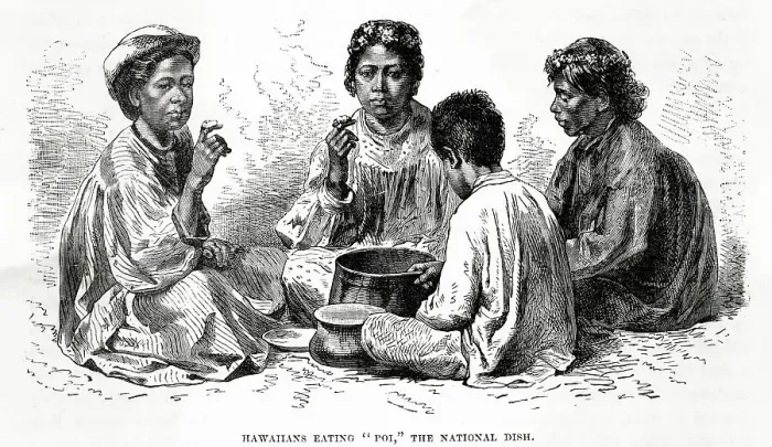 Framed Print : A group of Hawaiians sitting eating Poi the national dish. Date: 1870 Framed Print : A group of Hawaiians sitting eating Poi the national dish. Date: 1870