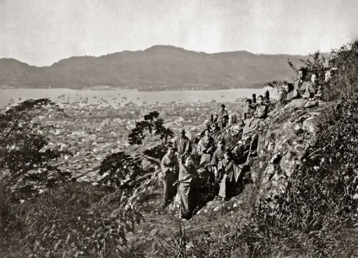 Framed Print : Group in the hills above Nagasaki, Japan, circa 1880s Framed Print : Group in the hills above Nagasaki, Japan, circa 1880s
