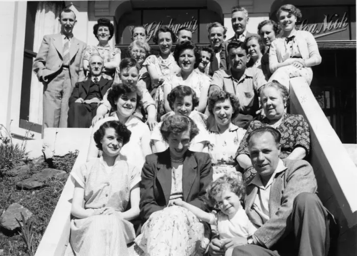 Framed Print : Group of holidaymakers pose for a cheery photograph outside the Gladsmuir guest house Framed Print : Group of holidaymakers pose for a cheery photograph outside the Gladsmuir guest house