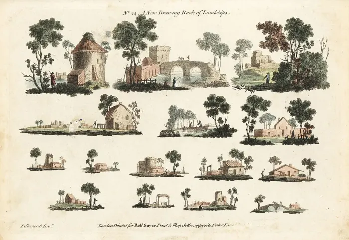 Framed Print : Group of miniature rustic landscapes, 18th century