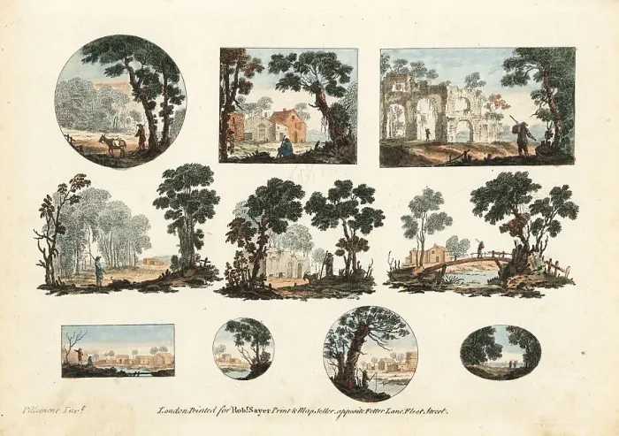 Framed Print : Group of miniature rustic landscapes by Jean-Baptiste Pillement Framed Print : Group of miniature rustic landscapes by Jean-Baptiste Pillement