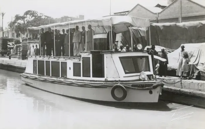 Framed Print : Group of people on motor boat named St. Martinus Framed Print : Group of people on motor boat named St. Martinus