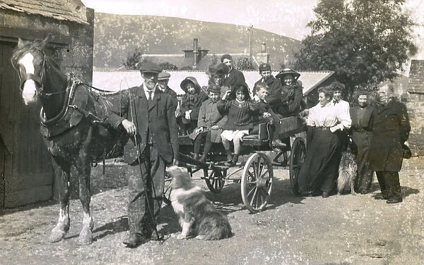Group of people on an outing with horse and dogs