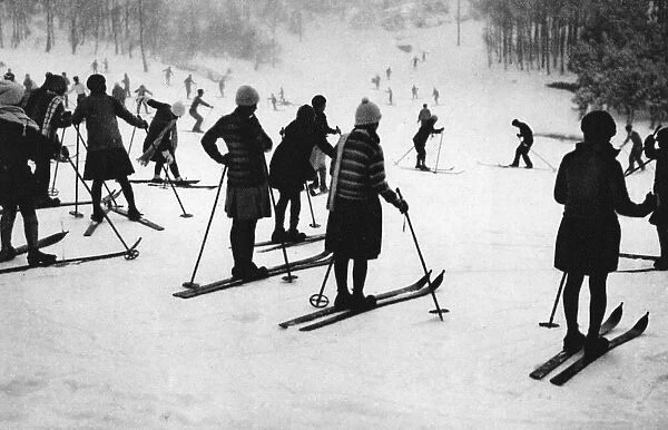 A group of people skiing