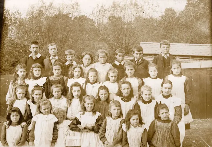 Framed Print : Group photo of children, the girls wearing smocks