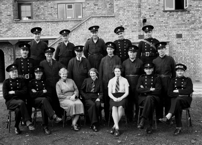 Framed Print : Group photo at new NFS (London Region) fire station, WW2 Framed Print : Group photo at new NFS (London Region) fire station, WW2