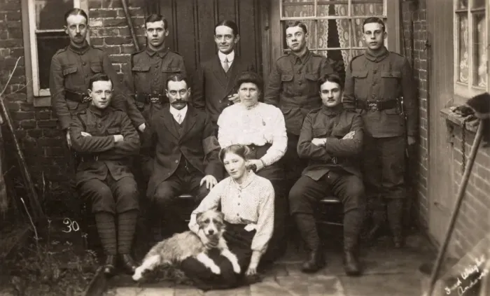 Framed Print : Group photo with soldiers and dog in yard Framed Print : Group photo with soldiers and dog in yard