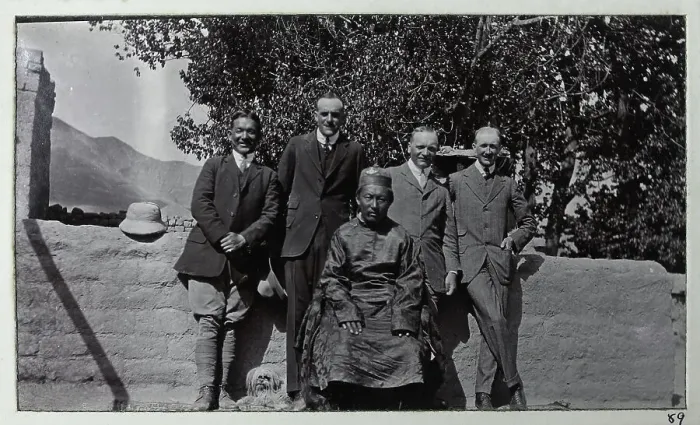Framed Print : Group photo, Tashi Lama with four men in western clothes, from a fascinating album which reveals new details on a little-known campaign in which a British military force brushed aside Tibetan defences to capture Lhasa, in 1904 Framed Print : Group photo, Tashi Lama with four men in western clothes, from a fascinating album which reveals new details on a little-known campaign in which a British military force brushed aside Tibetan defences to capture Lhasa, in 1904
