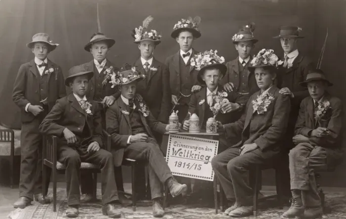 Framed Print : Group photo, young men in flowered hats, WW1 Framed Print : Group photo, young men in flowered hats, WW1