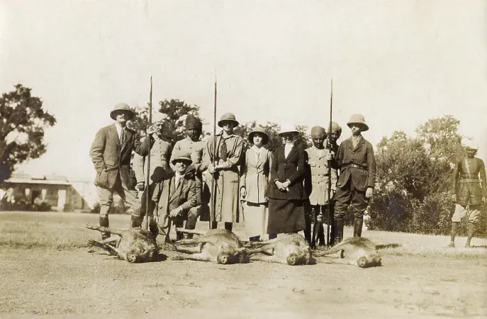 Framed Print : Group photograph: hunting wild boar, India Framed Print : Group photograph: hunting wild boar, India
