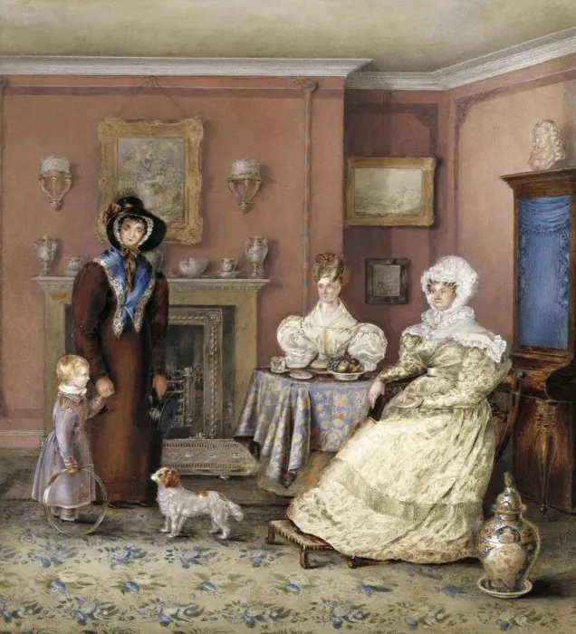 Framed Print : Group portrait of three women and a child in a domestic inte Framed Print : Group portrait of three women and a child in a domestic inte