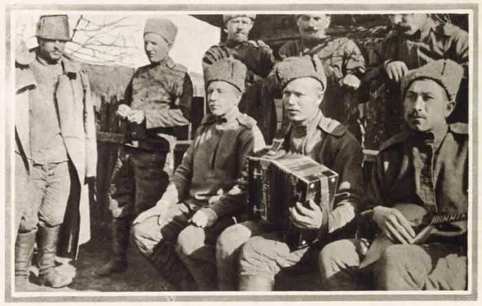 Framed Print : A group of Russian soldiers in camp accompanied by their musical instruments Framed Print : A group of Russian soldiers in camp accompanied by their musical instruments