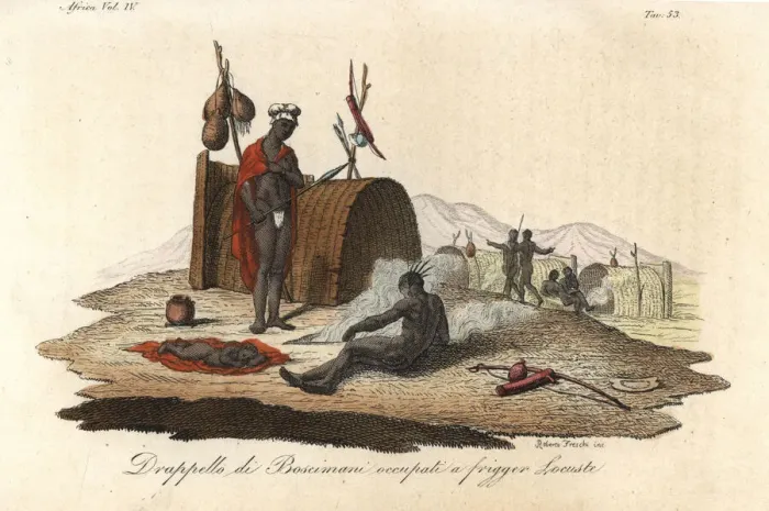 Framed Print : A group of San people harvesting a swarm of Framed Print : A group of San people harvesting a swarm of