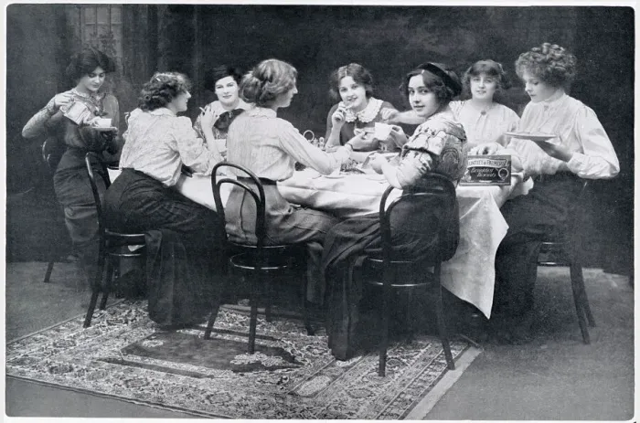 Framed Print : A group of society ladies enjoying a cup of tea and biscuits together. Date: 1910 Framed Print : A group of society ladies enjoying a cup of tea and biscuits together. Date: 1910