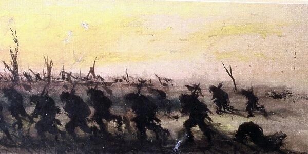 A group of soldiers running across a battlefield, WW1