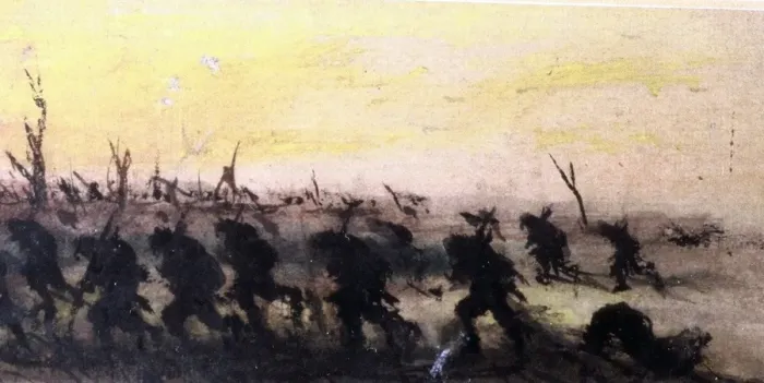 Framed Print : A group of soldiers running across a battlefield, WW1 Framed Print : A group of soldiers running across a battlefield, WW1