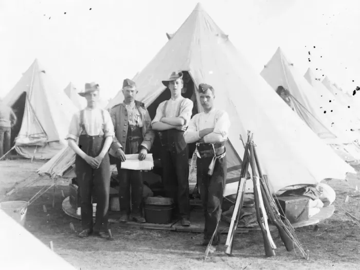 Framed Print : Group of four soldiers at a training camp Framed Print : Group of four soldiers at a training camp