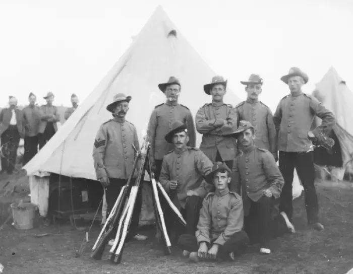 Framed Print : Group of eight soldiers at a training camp Framed Print : Group of eight soldiers at a training camp