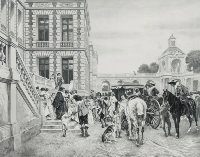 Framed Print : Group of travelers being welcomed in the forecourt of a larg Framed Print : Group of travelers being welcomed in the forecourt of a larg