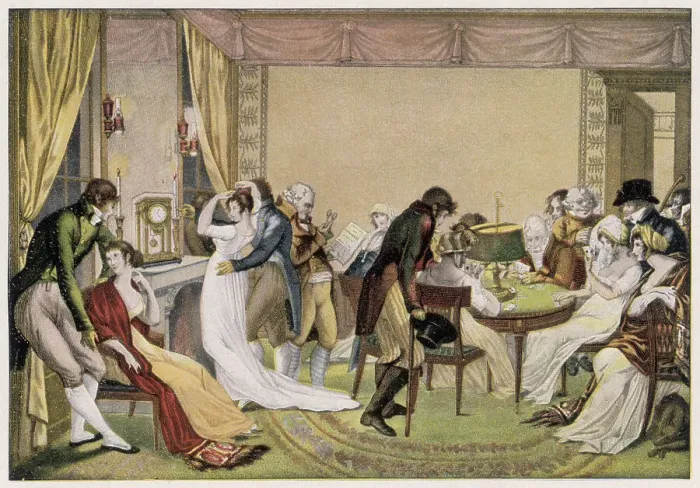 Framed Print : A group of wealthy Parisians enjoy an evening party, which includes conversation and gambling. Date: circa 1805 Framed Print : A group of wealthy Parisians enjoy an evening party, which includes conversation and gambling. Date: circa 1805