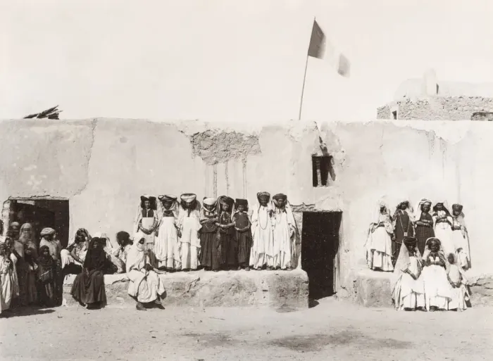 Framed Print : Group of women, Ouled Nail Algeria, French flag flying Framed Print : Group of women, Ouled Nail Algeria, French flag flying