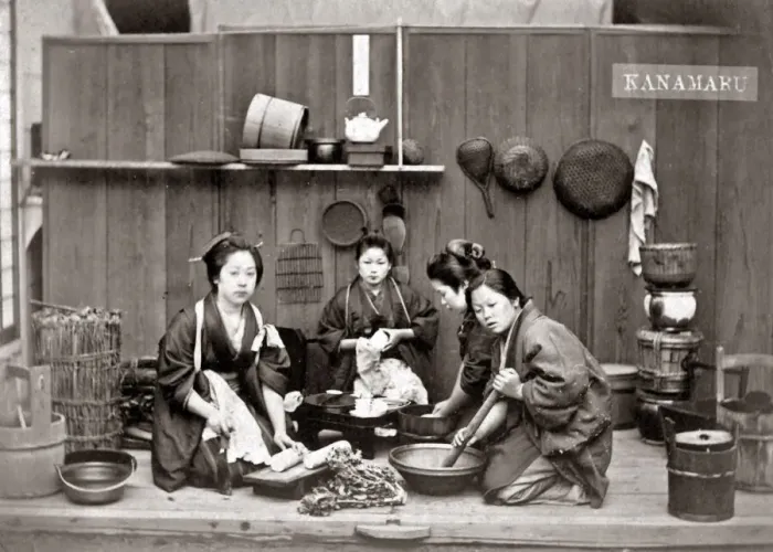 Framed Print : Group of women preparing a meal, Japan, 1870s. Date: 1870s Framed Print : Group of women preparing a meal, Japan, 1870s. Date: 1870s