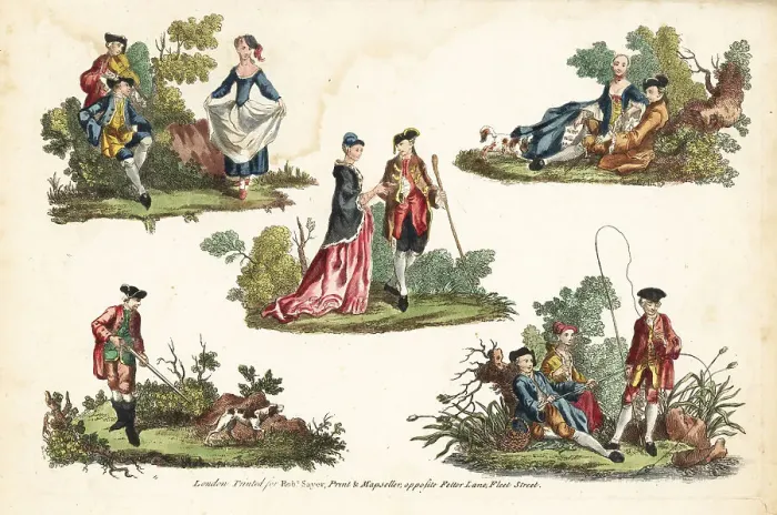 Framed Print : Groups of 18th century figures in rustic pastimes Framed Print : Groups of 18th century figures in rustic pastimes