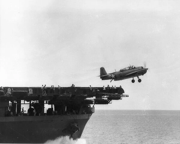 A Grumman TBF Avenger takes off from USS Yorktown