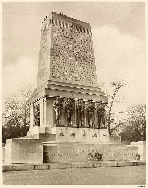 Guards Memorial, also known as the Guards Division War Memorial, war memorial located on the west side of Horse Guards Road, opposite Horse Guards Parade in London. Date: 1935