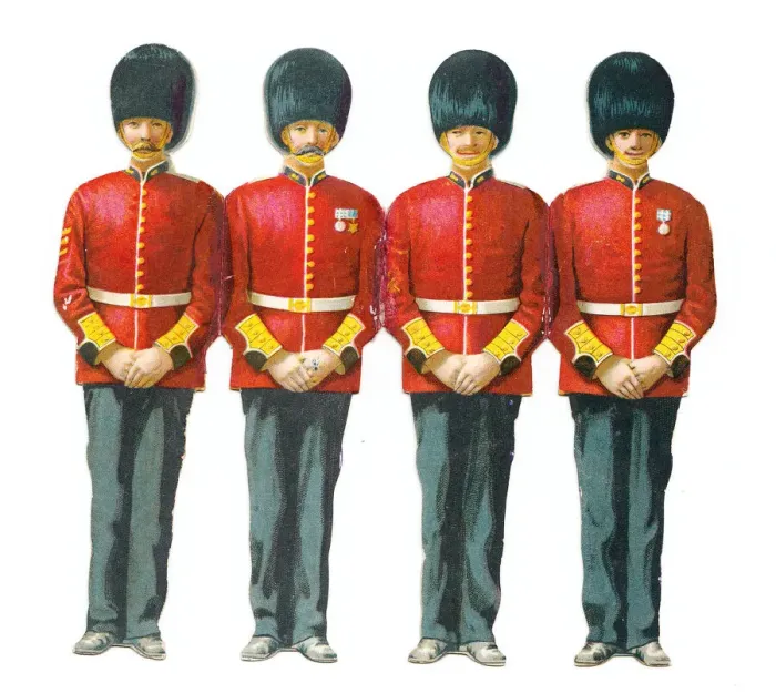 Framed Print : Four guardsmen on a cutout Christmas and New Year card Framed Print : Four guardsmen on a cutout Christmas and New Year card