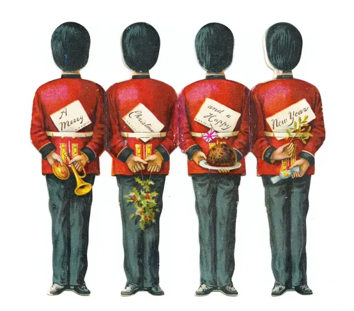 Framed Print : Four guardsmen on a cutout Christmas and New Year card Framed Print : Four guardsmen on a cutout Christmas and New Year card