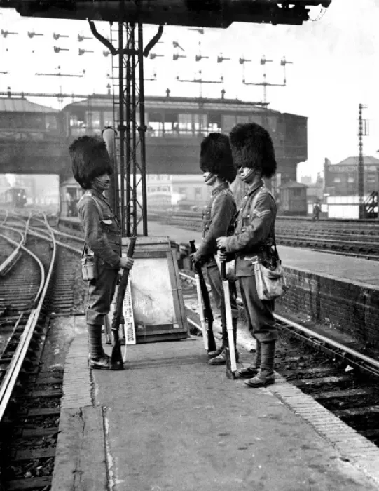 Framed Print : Guardsmen protecting station during railway strike Framed Print : Guardsmen protecting station during railway strike