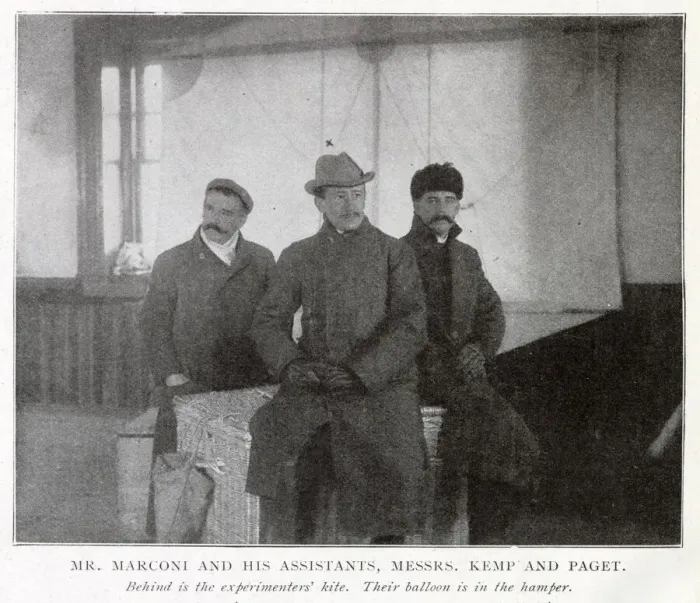 Framed Print : Guglielmo Marconi with his Assistants Kemp and Paget, behind is the experiments kite Framed Print : Guglielmo Marconi with his Assistants Kemp and Paget, behind is the experiments kite