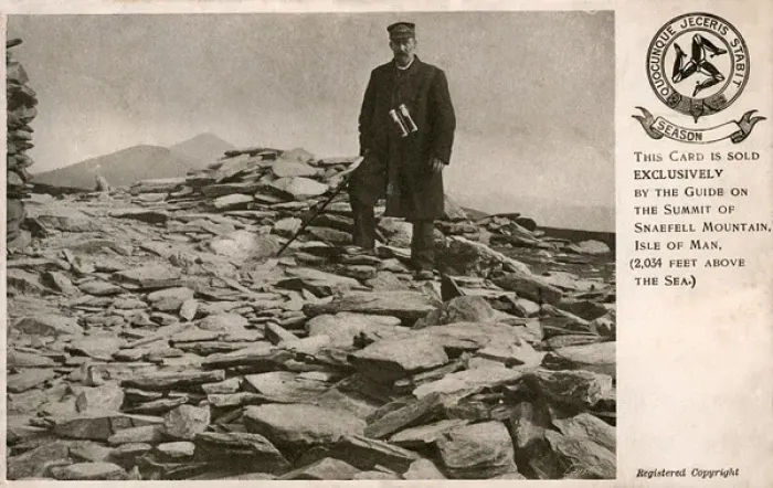 Framed Print : Guide at the summit of Snaefell Mountain, Isle of Man Framed Print : Guide at the summit of Snaefell Mountain, Isle of Man