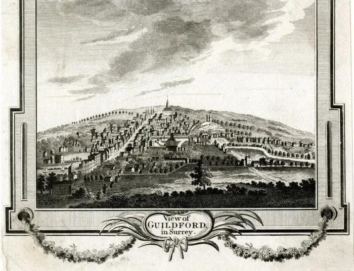 Framed Print : GUILDFORD. General view of Guildford, Surrey : the river Wey runs in the foreground Framed Print : GUILDFORD. General view of Guildford, Surrey : the river Wey runs in the foreground