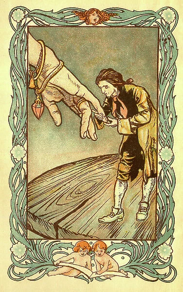 Gulliver kisses the Queen of Brobdingnag's hand